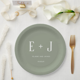 Modern Sage Green & White Monogram Wedding Party Paper Plate