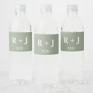 Modern Sage Green & White Monogram Wedding Water Bottle Label