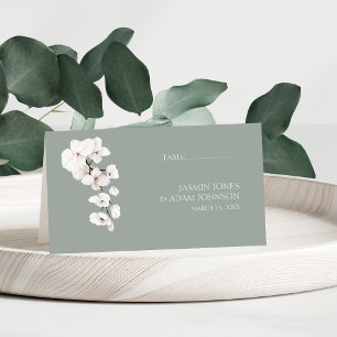 Modern Sage Green White Orchid Floral Wedding Place Card