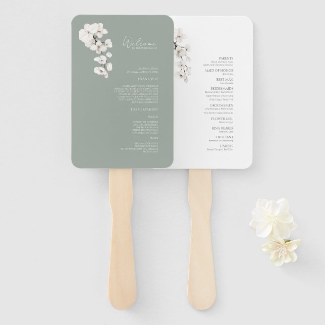 Modern Sage Green White Orchid Wedding Program Hand Fan (Front and Back)