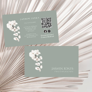 Modern Sage Green White Orchids QR Code Floral Business Card