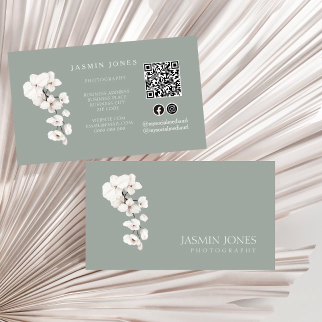 Modern Sage Green White Orchids QR Code Floral Business Card (Modern Sage Green White Orchids Floral, QR Code Business Card)