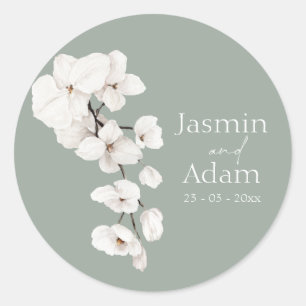Modern Sage Green White Orchids Wedding Classic Round Sticker