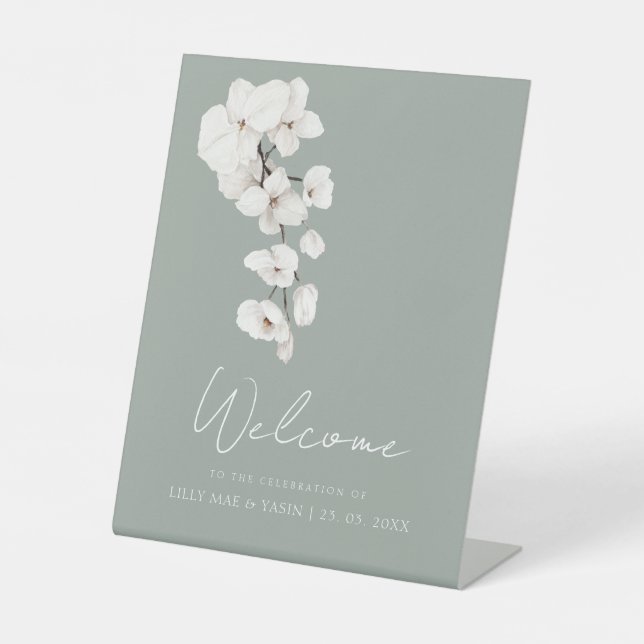 Modern Sage Green White Orchids Wedding Table Sign (Front)