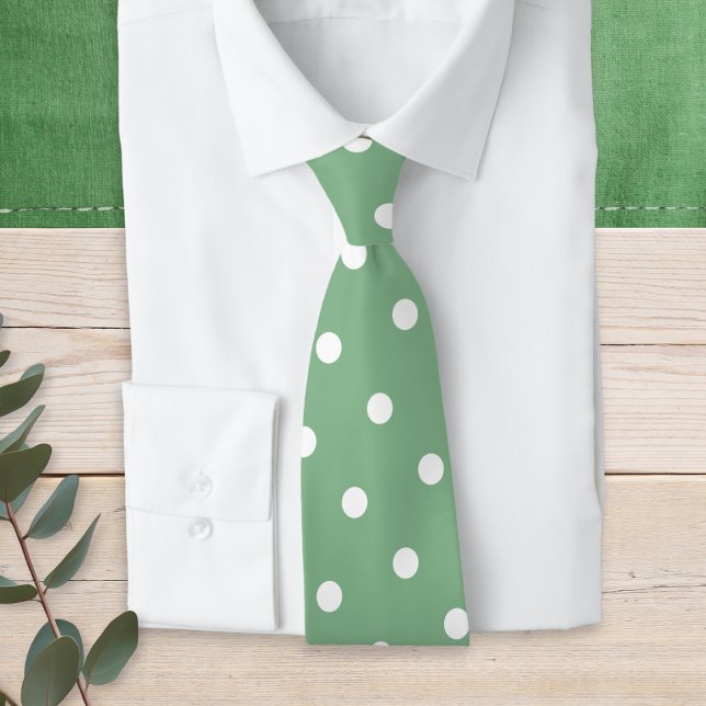 Modern Sage Green White Polka Dot Pattern Tie (A light green tie with white polka dot pattern)