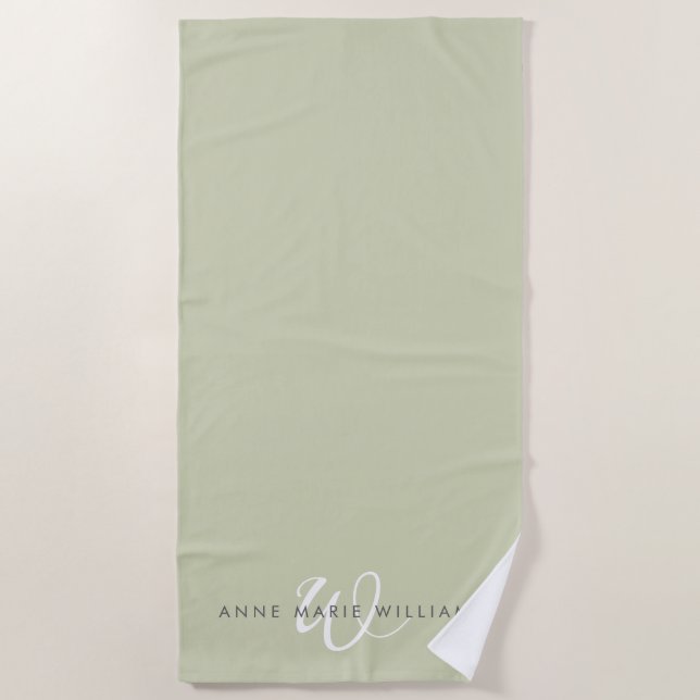 Modern Sage Green White Script Monogram Beach Towel (Front)