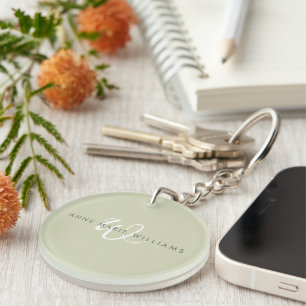 Modern Sage Green White Script Monogram Key Ring