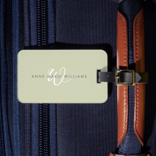 Modern Sage Green White Script Monogram Luggage Tag (Front Insitu 4)