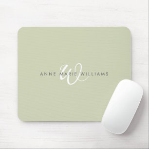 Modern Sage Green White Script Monogram Mouse Pad