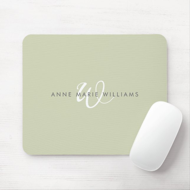 Modern Sage Green White Script Monogram Mouse Pad (With Mouse)