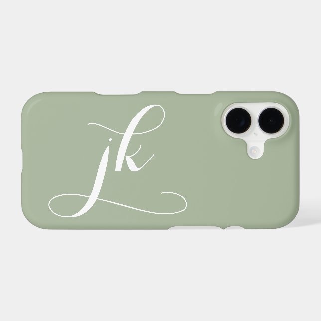 Modern Sage Green White Script Monogram Name (Back (Horizontal))