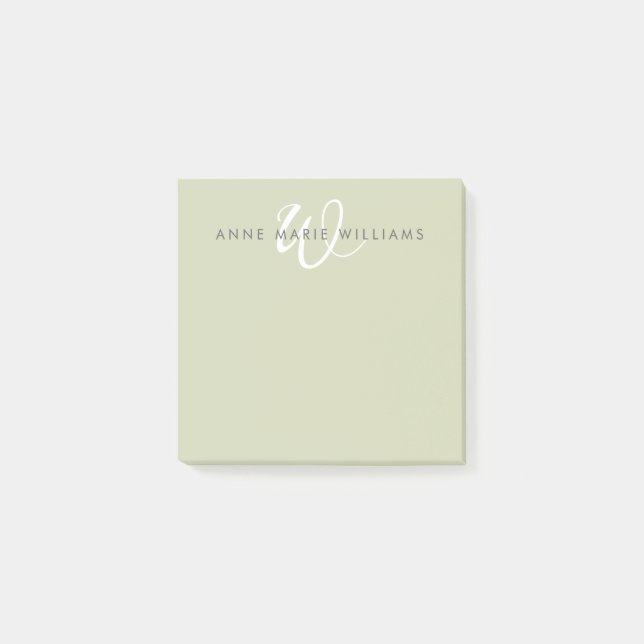 Modern Sage Green White Script Monogram Post-it Notes (Front)