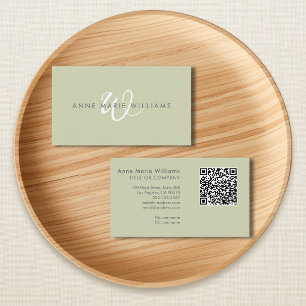 Modern Sage Green White Script Monogram QR Code Business Card