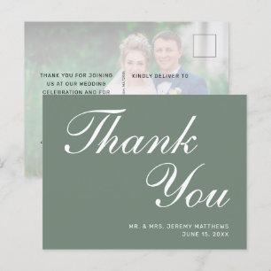 Modern Sage Green White Script Wedding Thank You Postcard