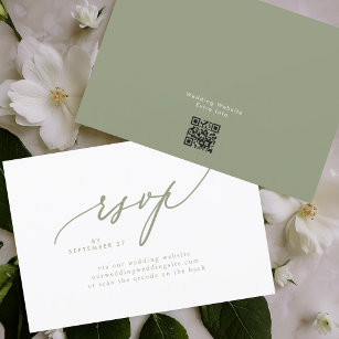 Modern Sage Green White Simple Wedding QR CODE RSVP Card