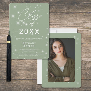 Modern Sage Green & White Sparkle Graduation Announcement