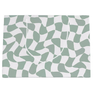Modern Sage Green & White Wavy Chequerboard Large Gift Bag