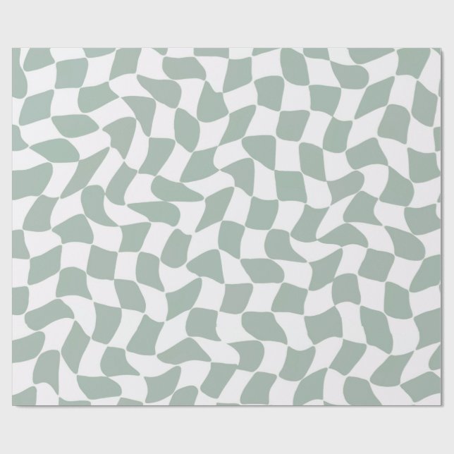 Modern Sage Green & White Wavy Chequerboard Wrapping Paper (Flat)