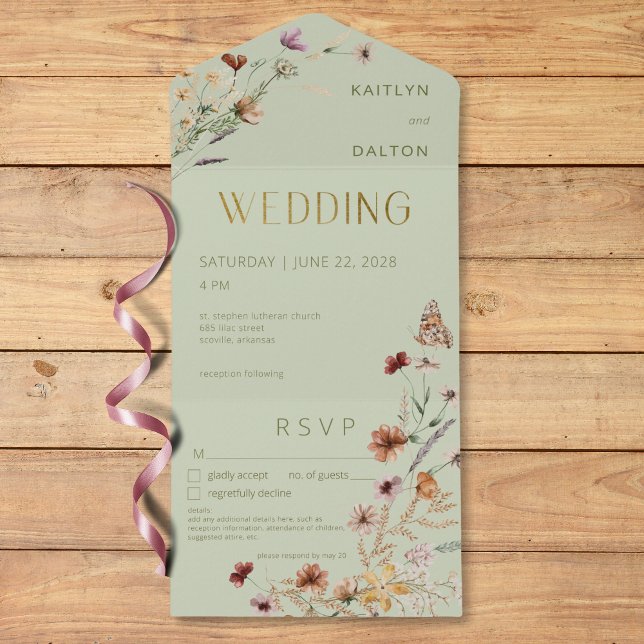 Modern Sage Green Wildflower Bouquet Details All In One Invitation (Modern Sage Green Wildflower Bouquet Details All In One Invitation)