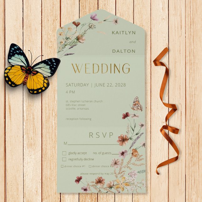 Modern Sage Green Wildflower Bouquet Dinner All In One Invitation (Creator Uploaded)