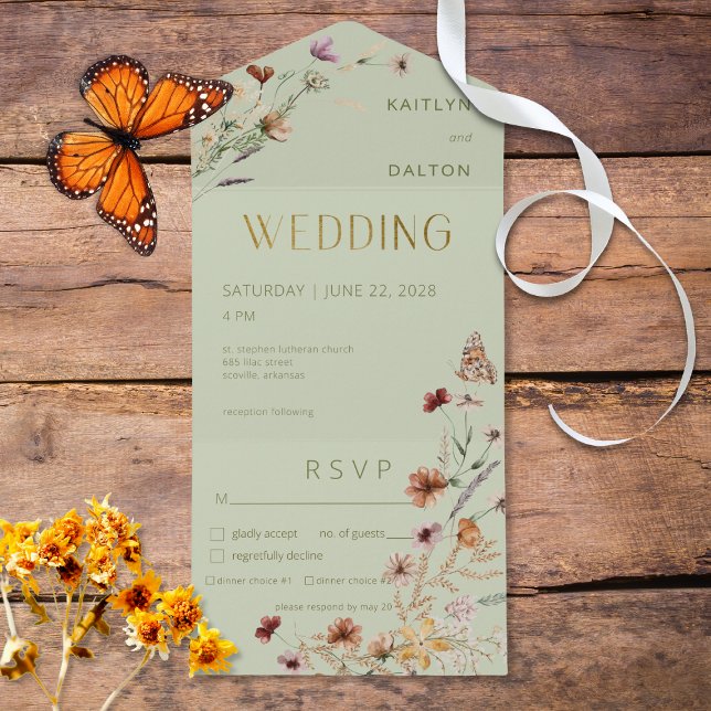 Modern Sage Green Wildflower Bouquet Dinner All In One Invitation (Creator Uploaded)