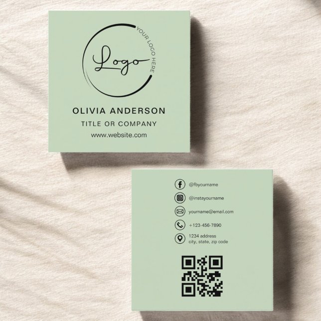 Modern Sage Green with QR Code Social Media Square Business Card (Creator Uploaded)