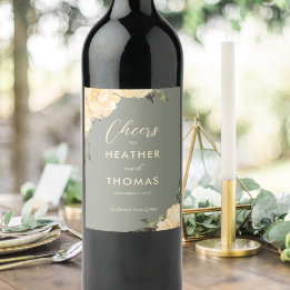 Modern Sage Green Yellow Floral Wedding Wine Label