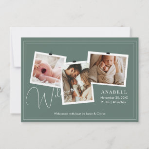 Modern Sage Green Zigzag 3 Photo Collage Birth Announcement
