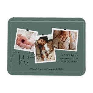 Modern Sage Green Zigzag 3 Photo Collage Birth  Magnet