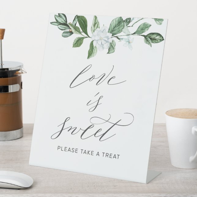 Modern Sage Greenery Floral Wedding Sweet Treat Pedestal Sign (In SItu)