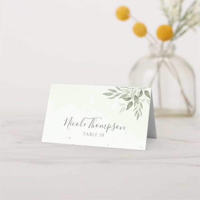 Modern Sage Greenery Folded Wedding Place Card (Front)