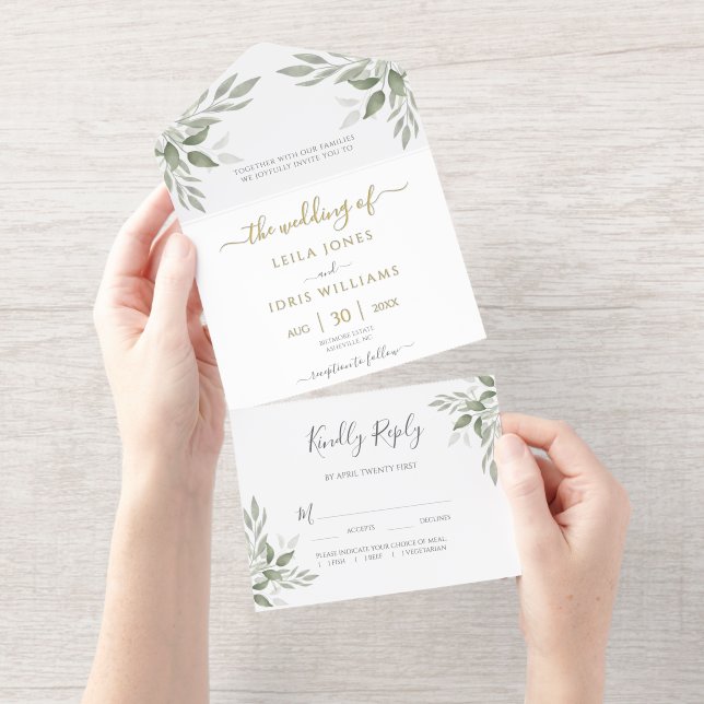 Modern Sage Greenery Gold Foil All In One Invitation (Tearaway)