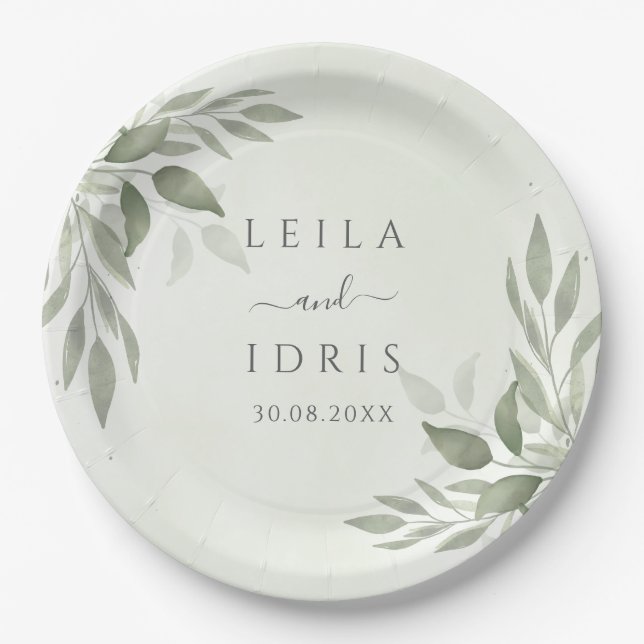 Modern Sage Greenery Wedding Paper Plates (Front)