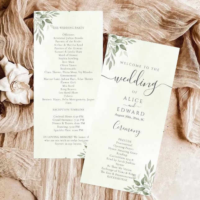 Modern Sage Greenery Wedding Program Car Programme (Creator Uploaded)