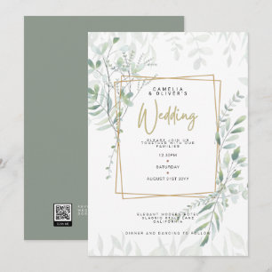 Modern Sage Greenery Wedding QR Code RSVP Invitati Invitation