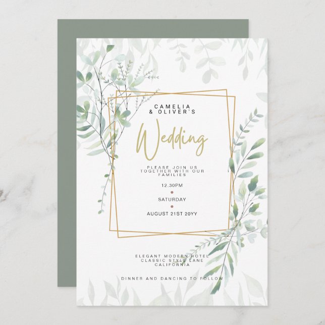 Modern Sage Greenery Wedding QR Code RSVP Invitati Invitation (Front/Back)