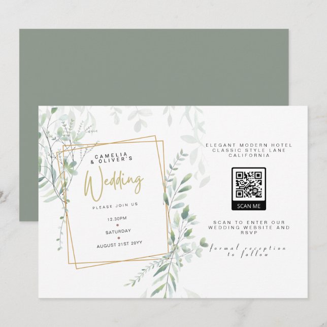 Modern Sage Greenery Wedding QR Code RSVP Invitati Invitation (Front/Back)