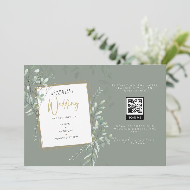 Modern Sage Greenery Wedding QR Code RSVP Invitation (Standing Front)