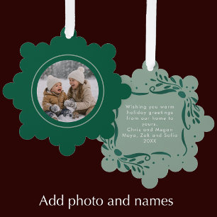 Modern Sage Hand Drawn Bows Christmas Photo Tree Decoration Card