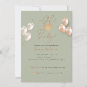 Modern Sage Heart Balloons Neutral Baby Shower  Invitation
