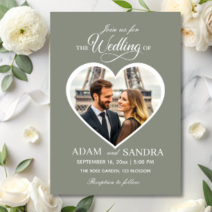 Modern Sage Heart Photo Elegant Script Wedding Invitation
