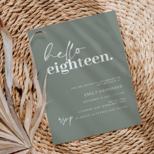 Modern Sage Hello Eighteen Birthday Party Invitation