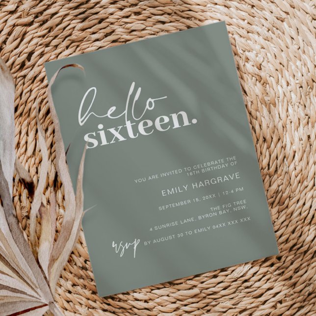 Modern Sage Hello Sixteen Birthday Party Invitation (Creator Uploaded)