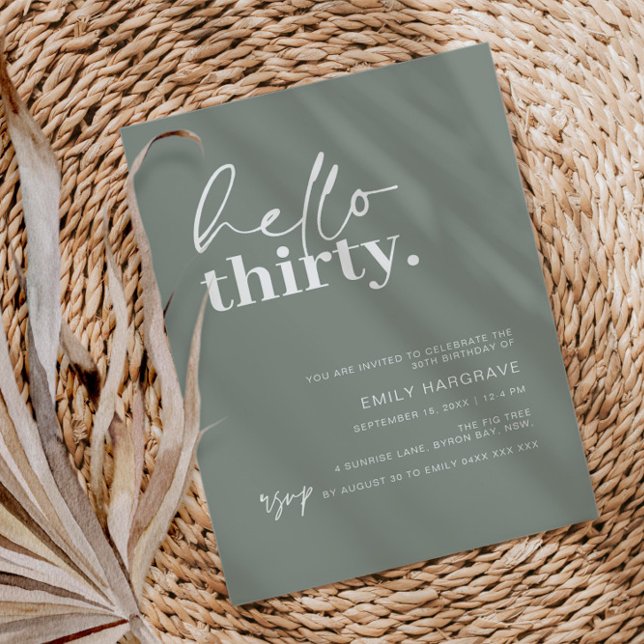 Modern Sage Hello Thirty 30 Birthday Party Invitation (Creator Uploaded)