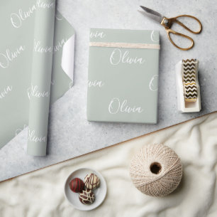 Modern Sage Personalised Pastel Script Name Wrapping Paper