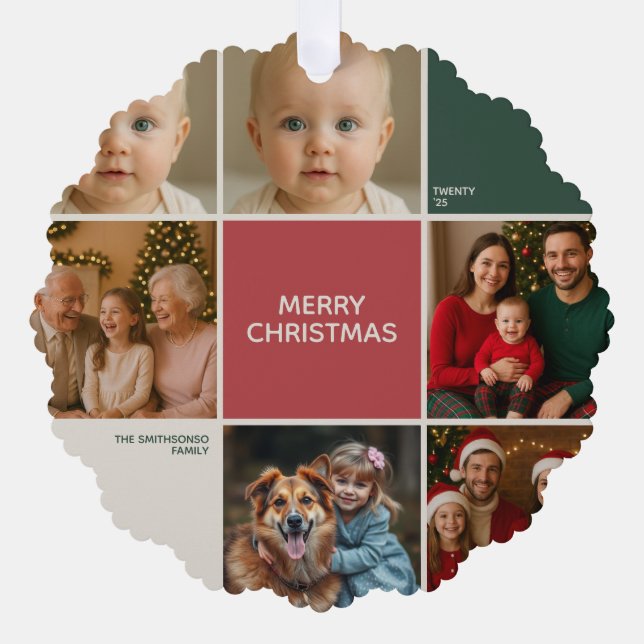Modern Sage RED collage merry Christmas Tree Decoration Card (Front)