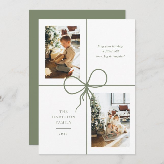 Modern Sage Ribbon Bow Wrap 2 Photo Christmas Holiday Card (Front/Back)