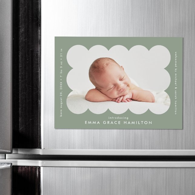 Modern Sage Scalloped Photo Birth Announcement (Creator Uploaded)