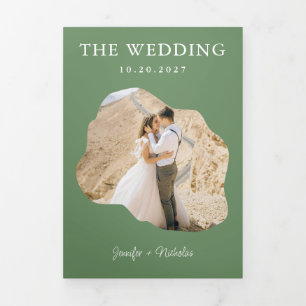 Modern Sage Wedding RSVP Details QR Code Photo Tri-Fold Invitation