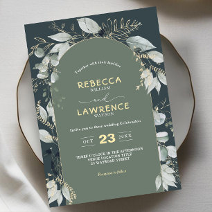 Modern sage white flowers wedding invitation
